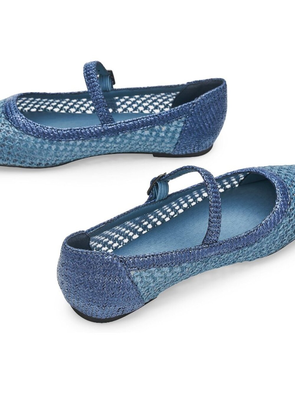 Women's Blue Woven Comfortable Ankle Strap Square Toe Mary Jane Ballet Flat - Picture 6 of 6